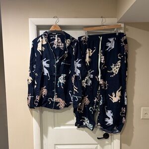Anthropologie Navy Pajama Set with Animal Print